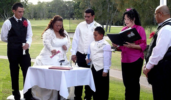 Margaret & Ronald chose a Unity Sand Ceremony to celebrate their Wedding with their children Devan and Jonathon on the Ladies 10th Tee at the Coolangatta & Tweed Heads Golf Course Tweed Heads in New South Wales